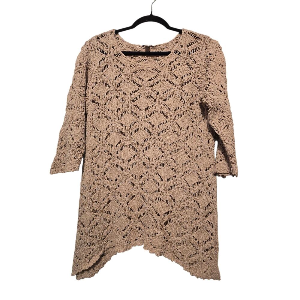 J Jill Crochet Pullover Sweater Womens LG Petite Tan Boho Cottage Coquette Girly